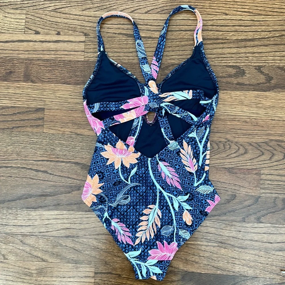 NWOT SEAFOLLY Active Blue Floral Deep V-Neck One-Piece Swimsuit